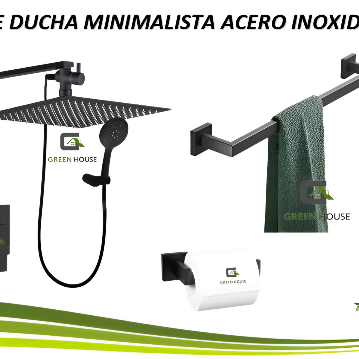 GREEN HOUSE - KIT DE DUCHA  MINIMALISTA 10 PULGADAS  ACERO INOXIDABLE + ACCESORIOS