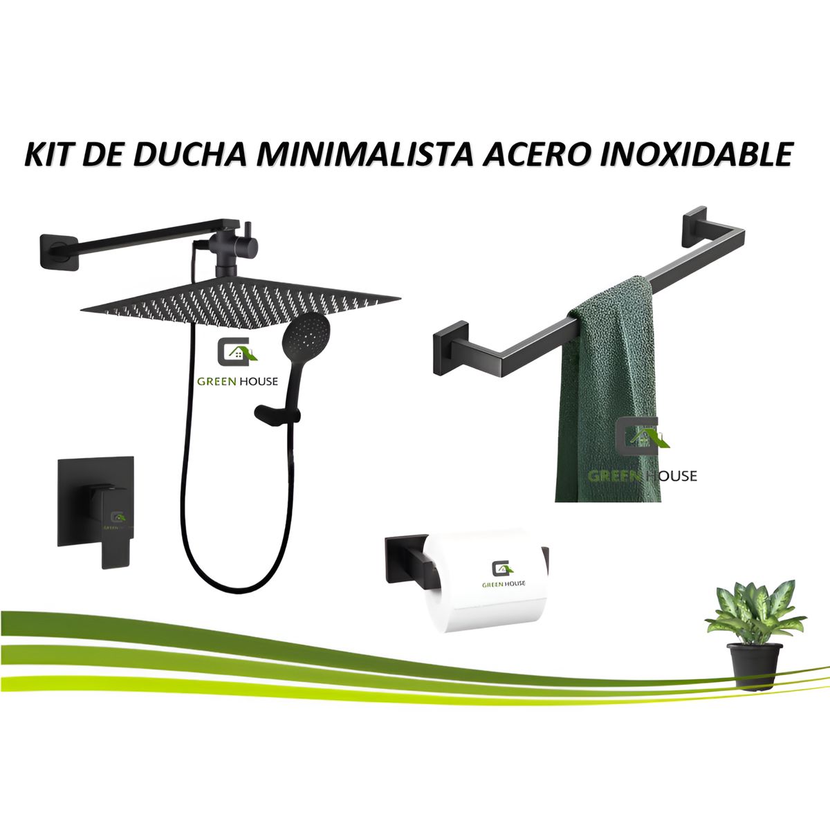 GREEN HOUSE - KIT DE DUCHA  MINIMALISTA 10 PULGADAS  ACERO INOXIDABLE + ACCESORIOS