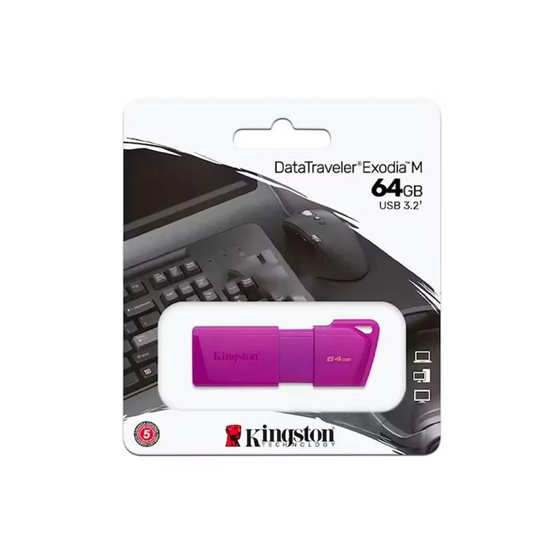 KINGSTON - Unidad Flash Kingston Datatraveler Exodia M 64Gb Usb 3.2 Tipo A Púrpura Neón, 5 Años De Ga