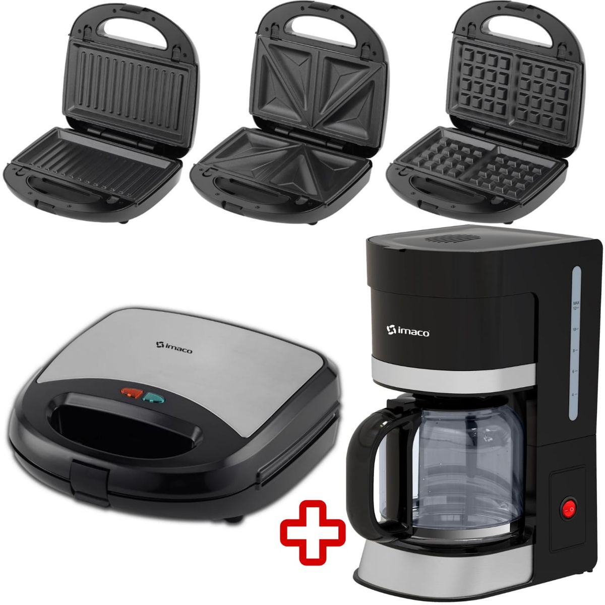 IMACO - Combo Cafetera CM1203 + Sandwichera 3 en 1 Imaco