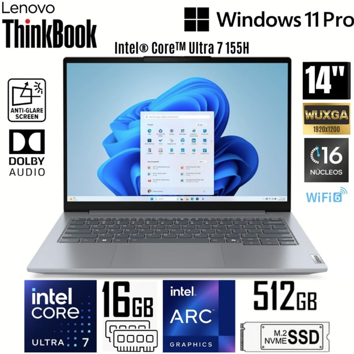 LENOVO - Laptop Lenovo ThinkBook 14 G7 IML Intel Core Ultra 7-155H 16GB DDR5 512GB SSD 14" WUXGA - 21MR00CJLM