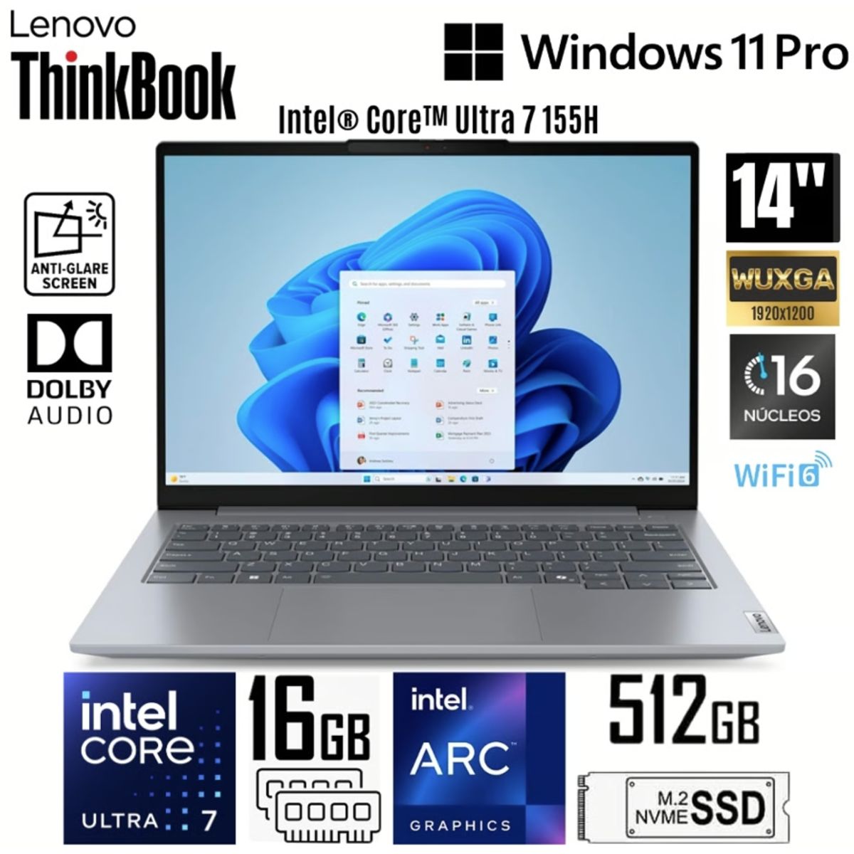 LENOVO - Laptop Lenovo ThinkBook 14 G7 IML Intel Core Ultra 7-155H 16GB DDR5 512GB SSD 14" WUXGA - 21MR00CJLM