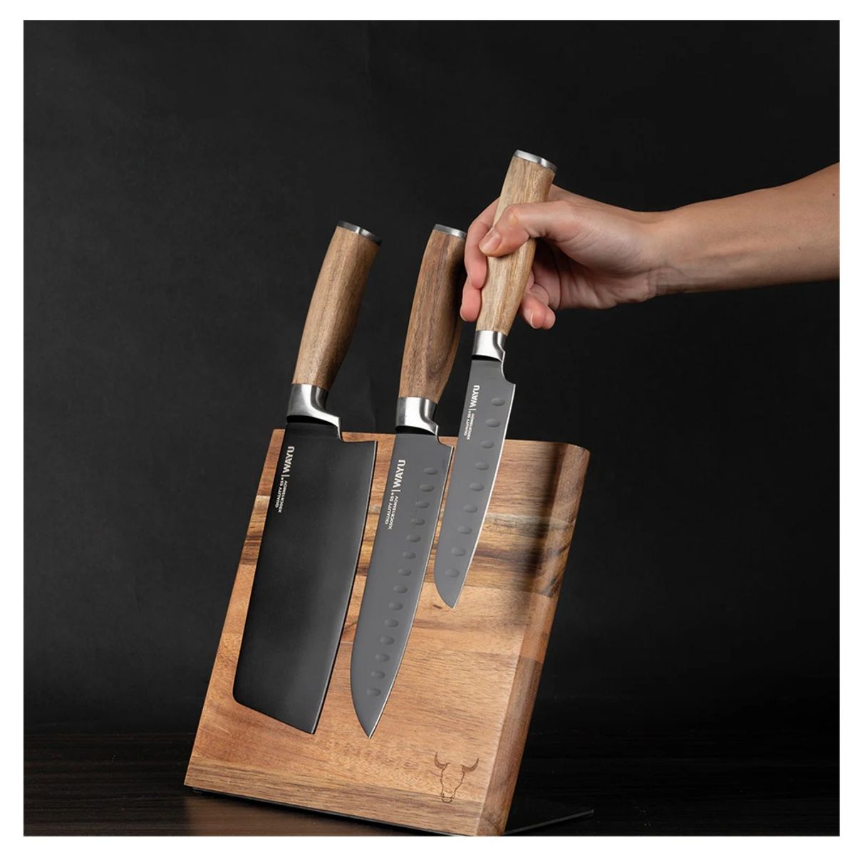 WAYU - SET DE 3 CUCHILLOS DE ACERO INOXIDABLE CON SOPORTE MAGNETICO WAYU