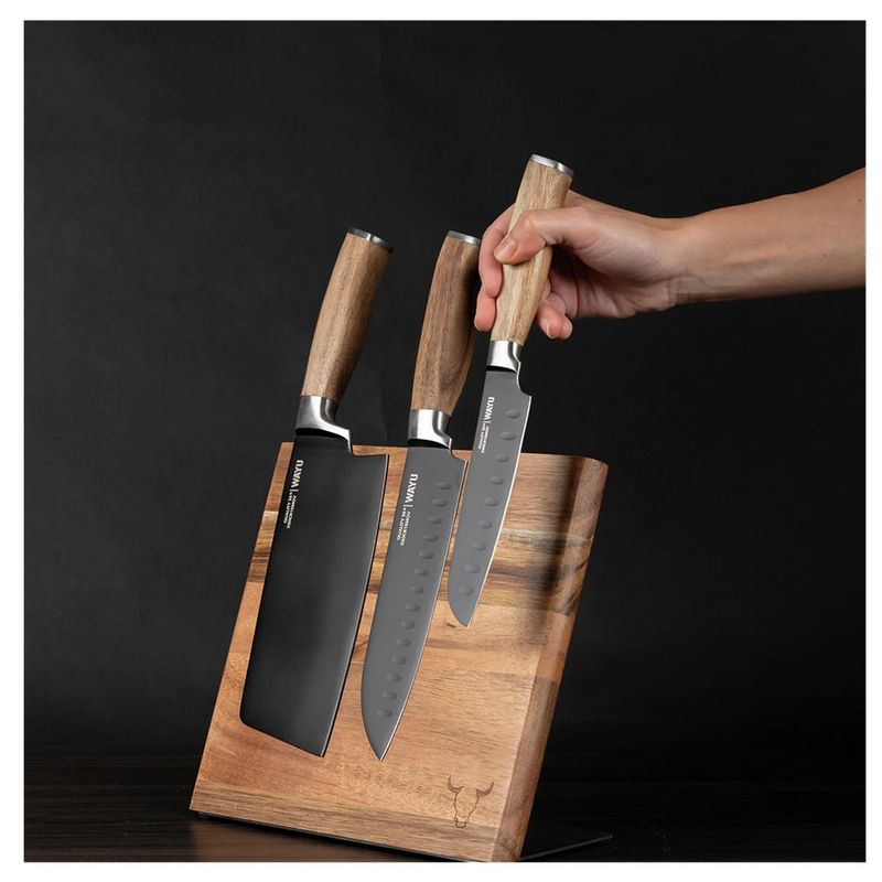 WAYU - SET DE 3 CUCHILLOS DE ACERO INOXIDABLE CON SOPORTE MAGNETICO WAYU