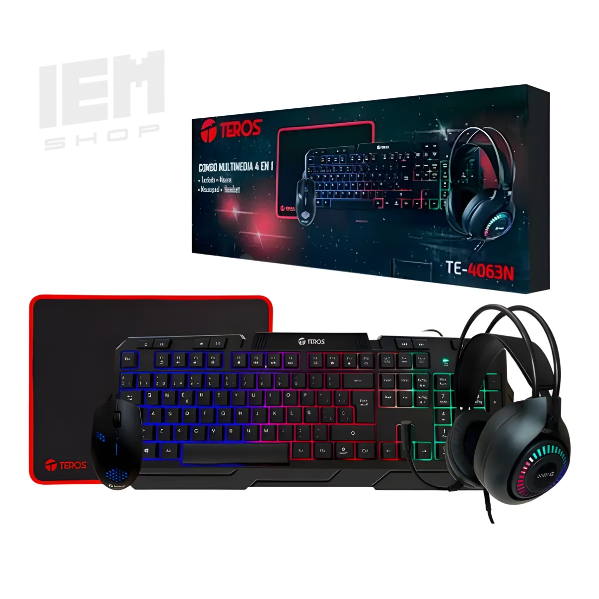TEROS GAMING - Kit 4 en 1 Teros TE-4063N Teclado Multimedia Mouse Headset Mouse Pad