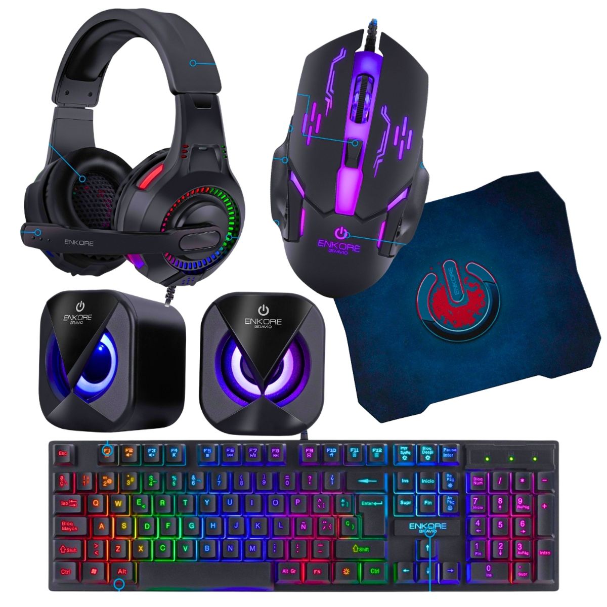 ENKORE - Kit Gamer Bravio 5 en1: Parlante+ audifono + teclado + mouse + Pad