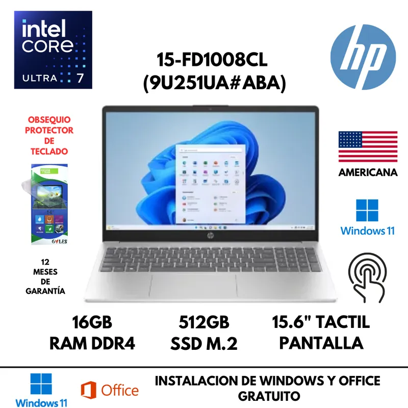HP - LAPTOP HP 15-FD1008CL ULTRA 7 155H 16GB RAM 512GB SSD PANTALLA 15.6" FHD TACTIL WIN 11 AMERICANA