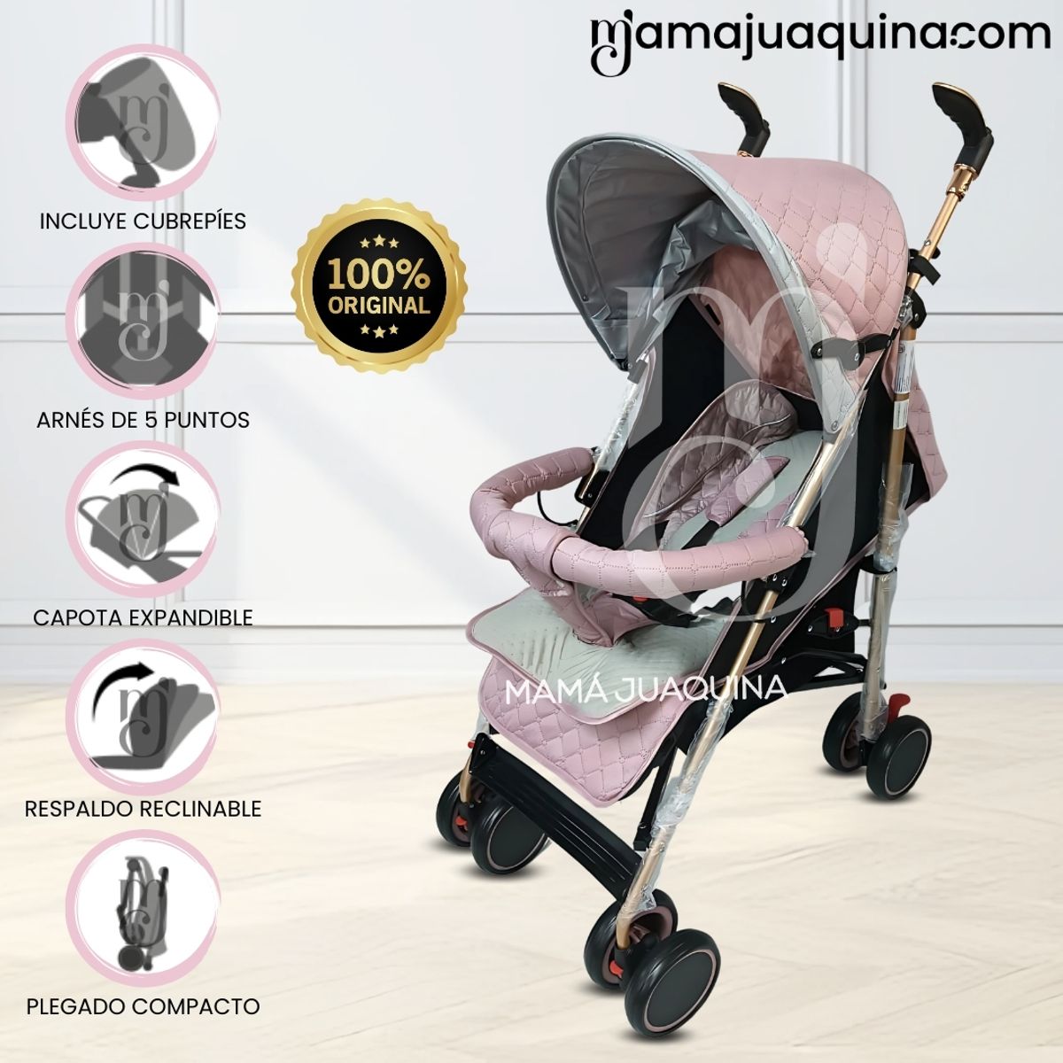BABY - Coche Bastón con Manillar Giratorio «ISABEL GOLD» Pink