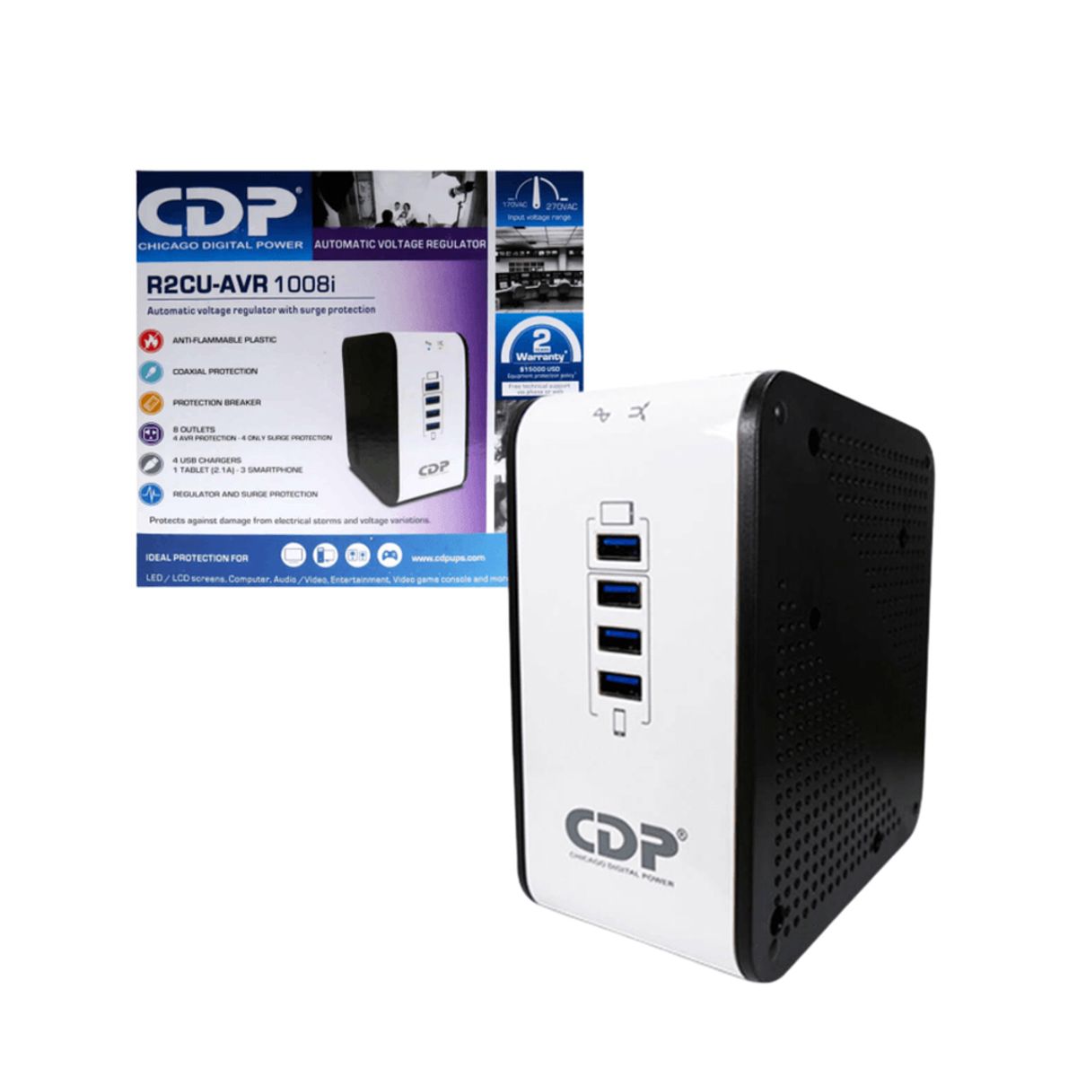 CDP - Estabilizador Cdp R2Cu-Avr1008I 1000Va Con 8 Salidas Y 4 Puertos Usb Para Protección Y Car
