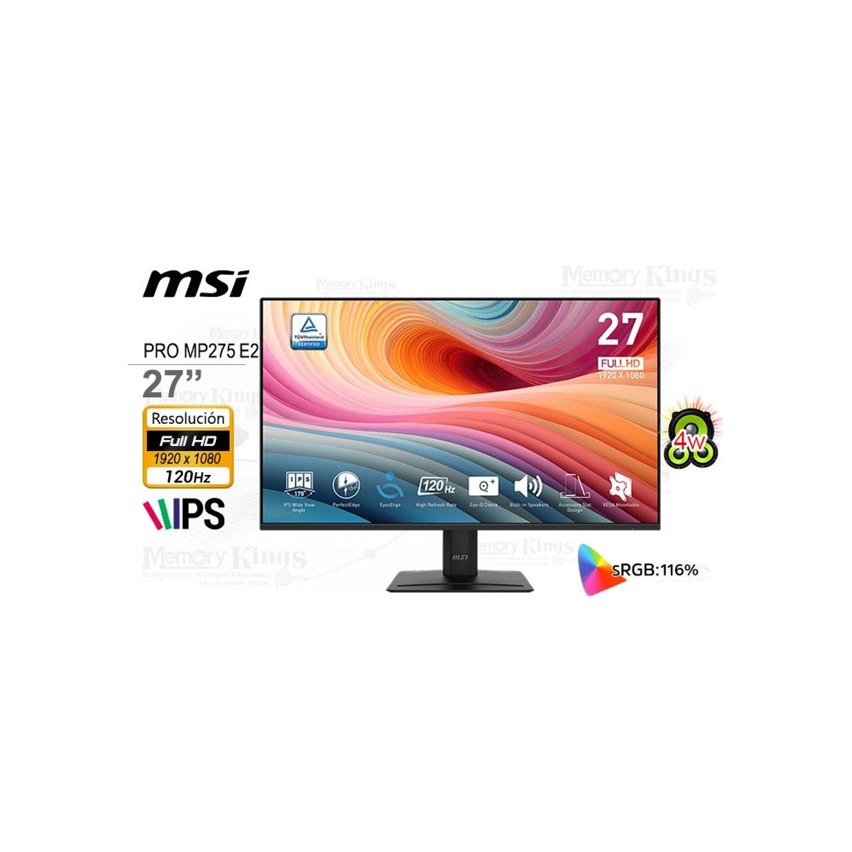 MSI - Monitor Msi Pro Mp275 E2 De 27 Fhd Ips 120Hz 1Ms - Experiencia De Juego Fluida En Negr