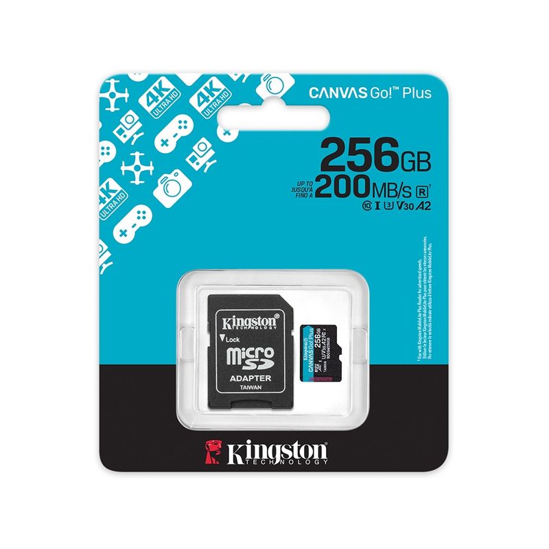 KINGSTON - Tarjeta Microsdxc Kingston Canvas Go! Plus 256Gb, Velocidad 200Mb/S, Clase 10/Uhs-I, Ideal