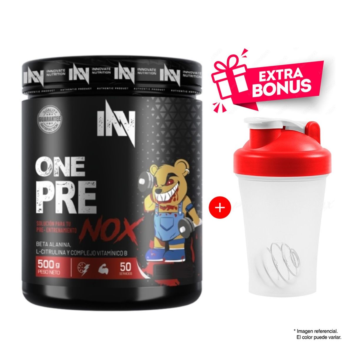 INN INNOVATE NUTRITION - ONE PRE NOX 500 GR UN Pre entreno Óxido Nítrico Fruit Punch + Shaker