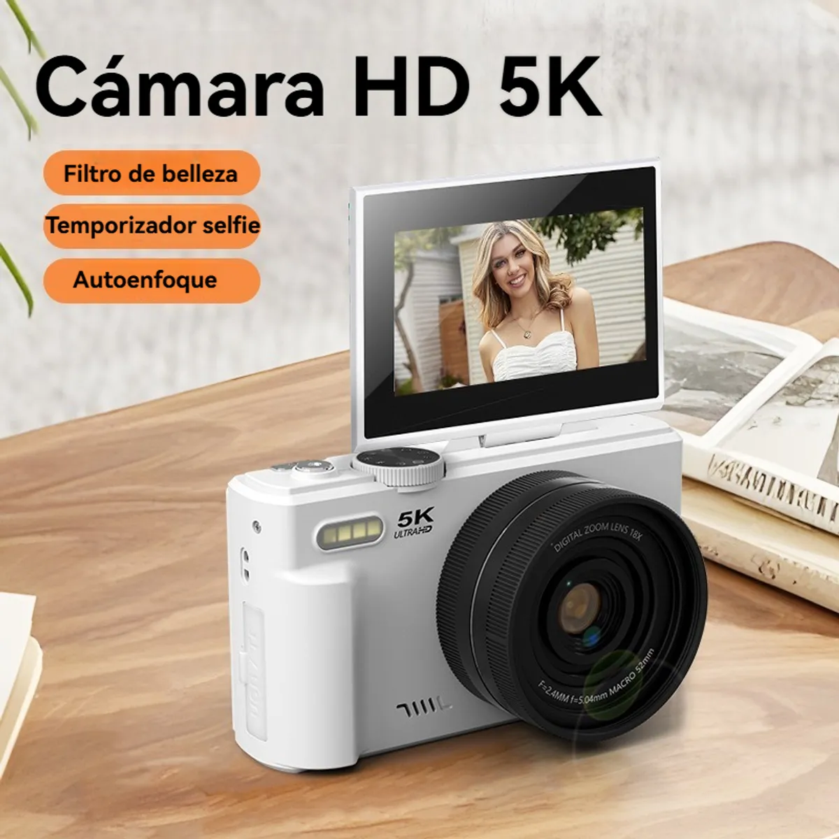 RENVMEXY - Cámara Selfies 5K WiFi + Luz LED