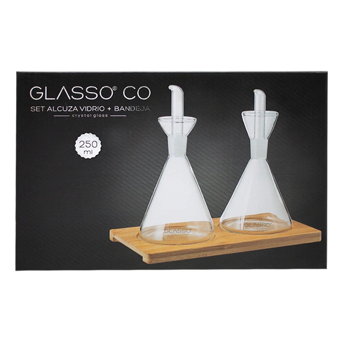 WAYU - SET ALCUZA PARA ACEITES 250 ML WAYU CON BASE DE BAMBOO GLASSO