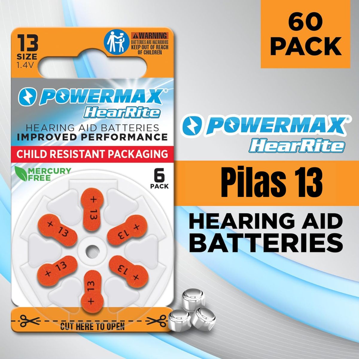 POWERMAX - Pilas 13 Para Audífonos De Sordera - Powermax Caja 60 Unidades. Hecho en Reino Unido