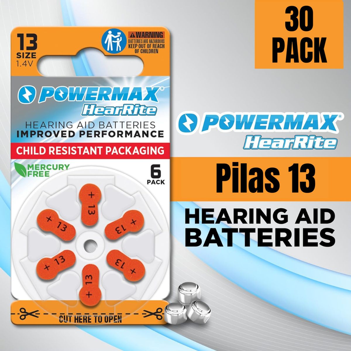 POWERMAX - Pilas 13 Para Audífonos De Sordera - Powermax Caja 30 Unidades