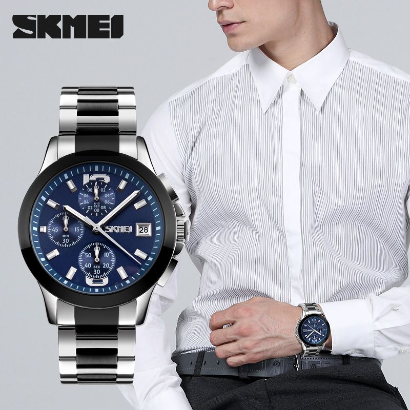 SKMEI - Reloj Skmei 9126 Plateado Fondo Azul Cronómetro