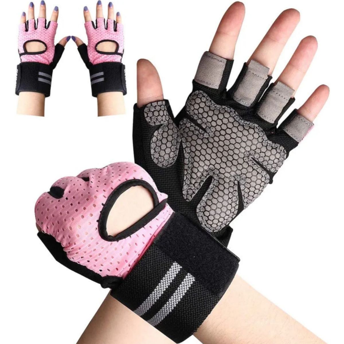 GENERICO - GUANTES DE ENTRENAMIENTO GYM PESAS CON MUÑEQUERA ROSA M