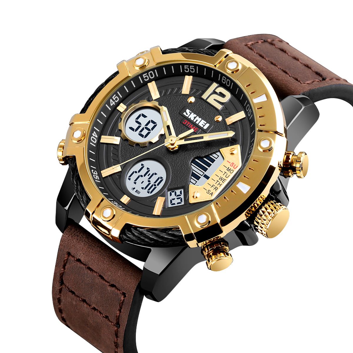 SKMEI - Reloj Skmei 1618 Negro Correa Cuero Marron Digital Analogo
