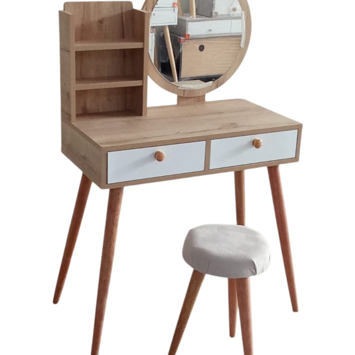 GENERICO - Tocador Modelo Alba  Estilo Vintaje con Espejo y Banquito de Regalo