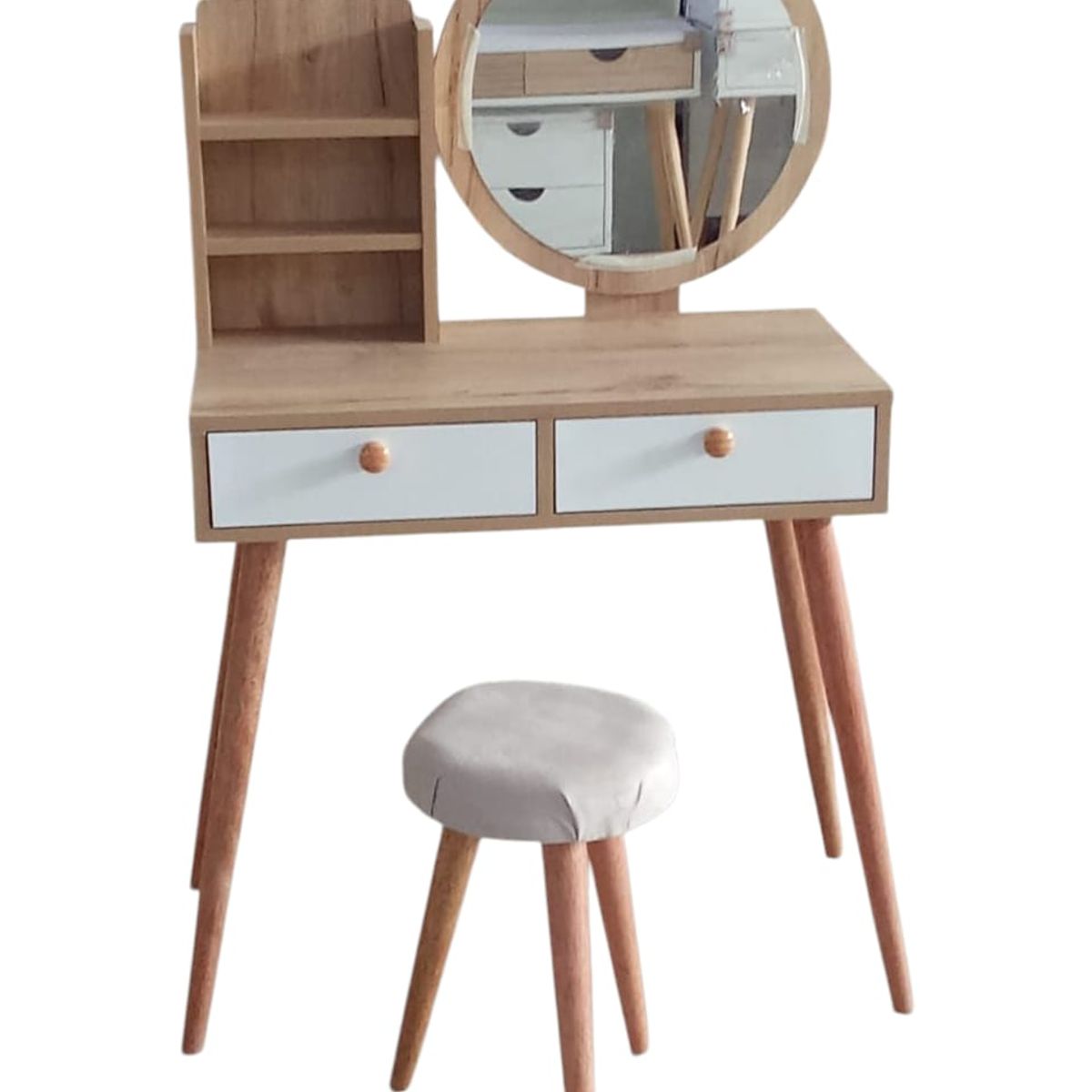 GENERICO - Tocador Modelo Alba  Estilo Vintaje con Espejo y Banquito de Regalo