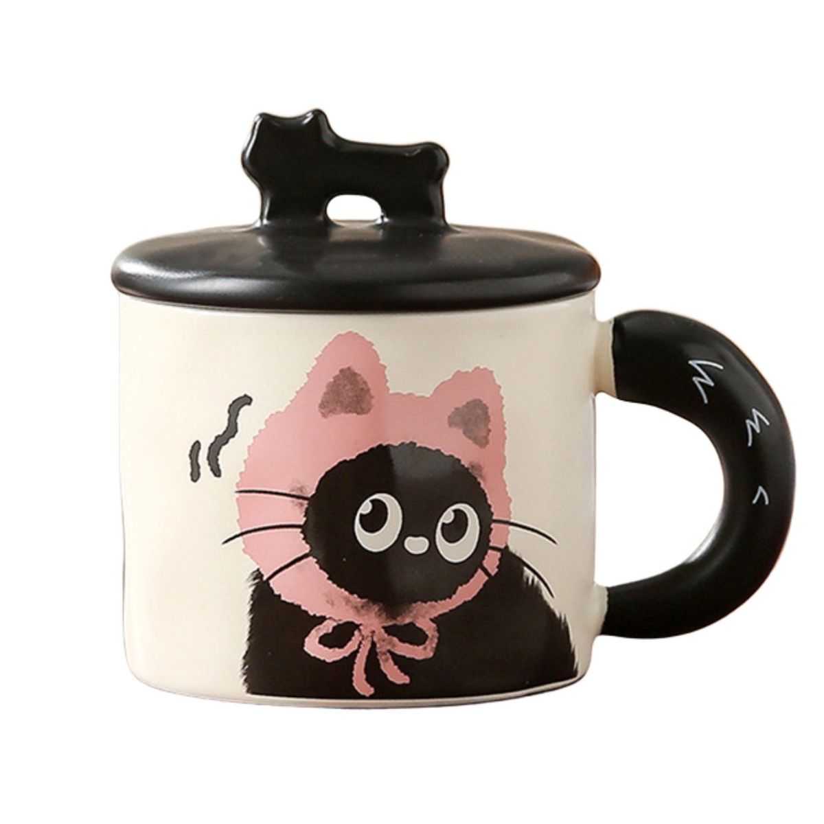 GENERICO - Taza de Cerámica Gato Negro Colección Invierno 400 ml- Rosa