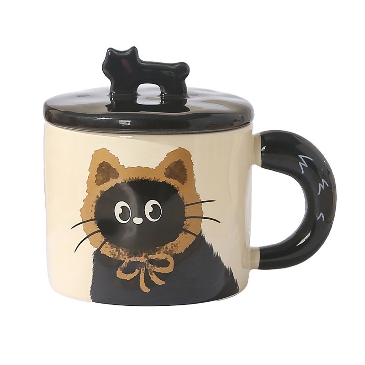 GENERICO - Taza de Cerámica Gato Negro Colección Invierno 400 ml - Marrón