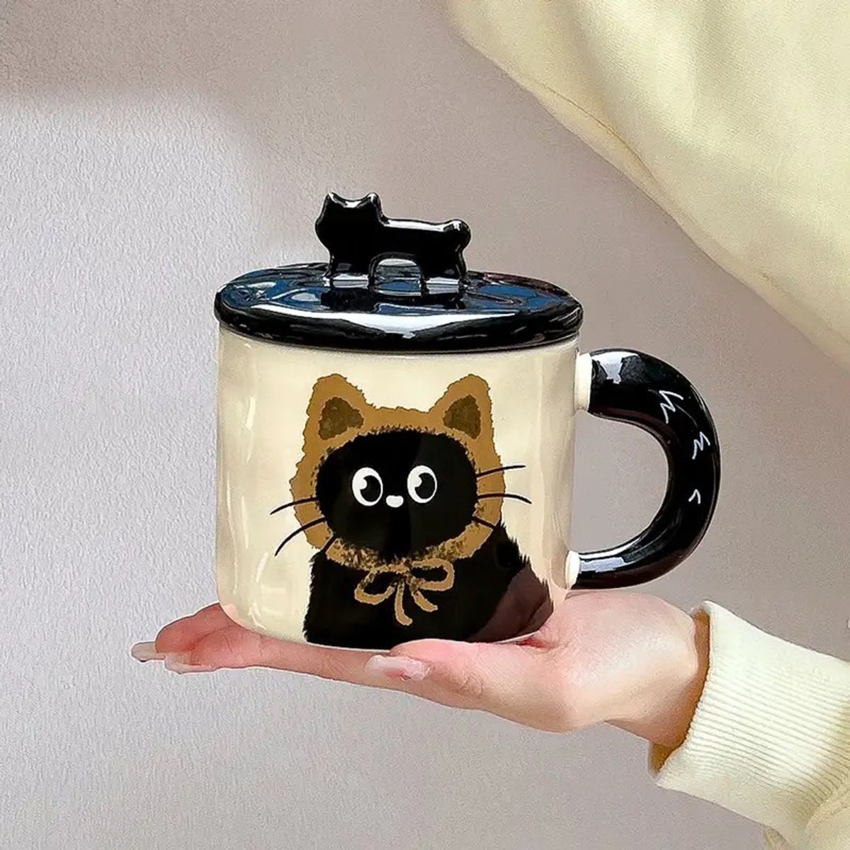 GENERICO - Taza de Cerámica Gato Negro Colección Invierno 400 ml - Marrón