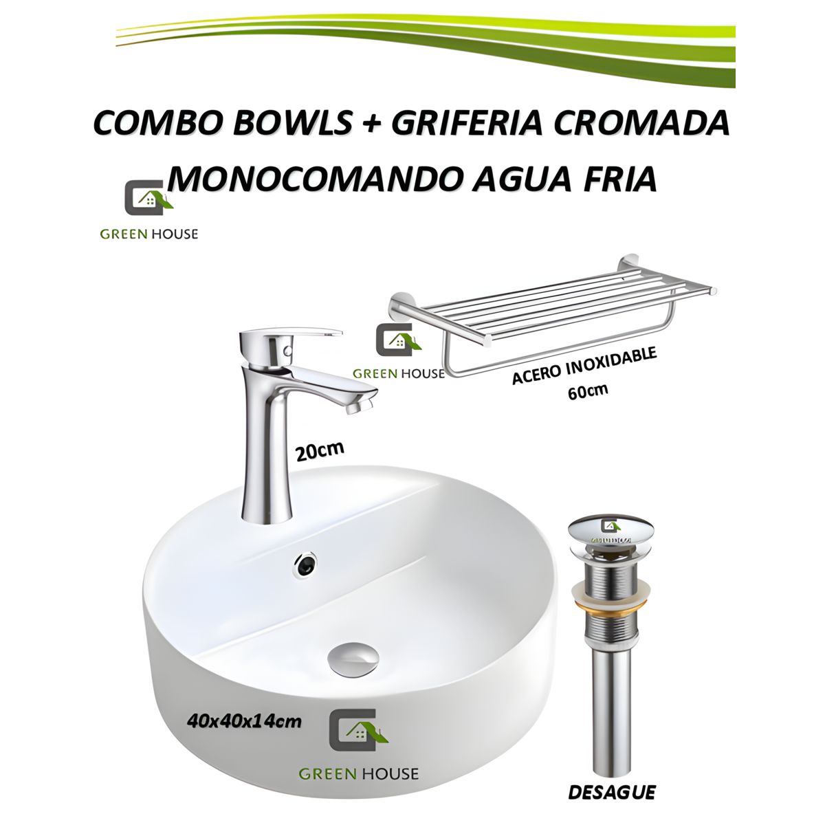 GREEN HOUSE - COMBO LAVATORIO CAÑO MONOMANDO + TOALLERO ACERO INOXIDABLE 60CM