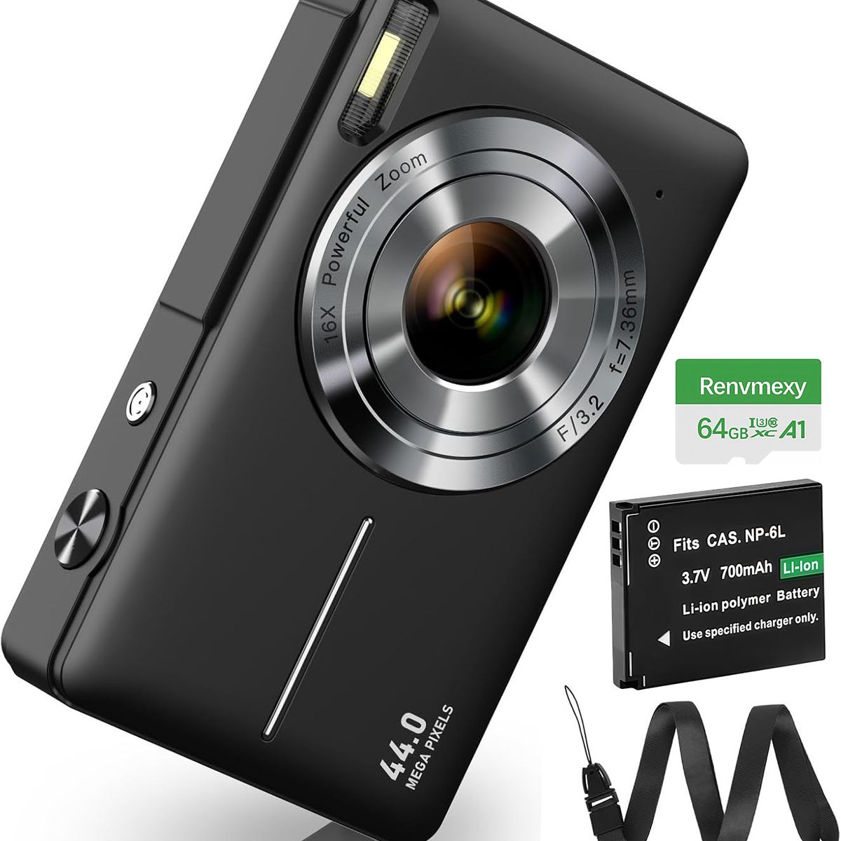 RENVMEXY - Regalo Cámara Niños 44MP + 64GB - Negro con Zoom 16X y Video