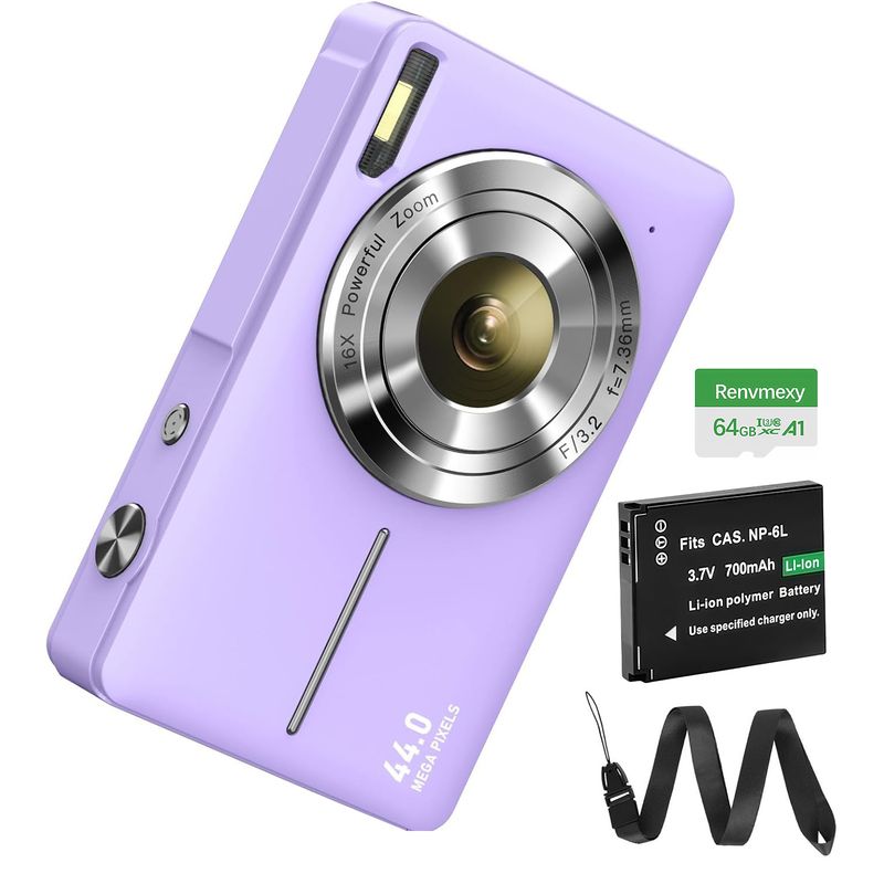 RENVMEXY - Cámara Morada para Niños 44MP + 64GB - Regalo Creativo