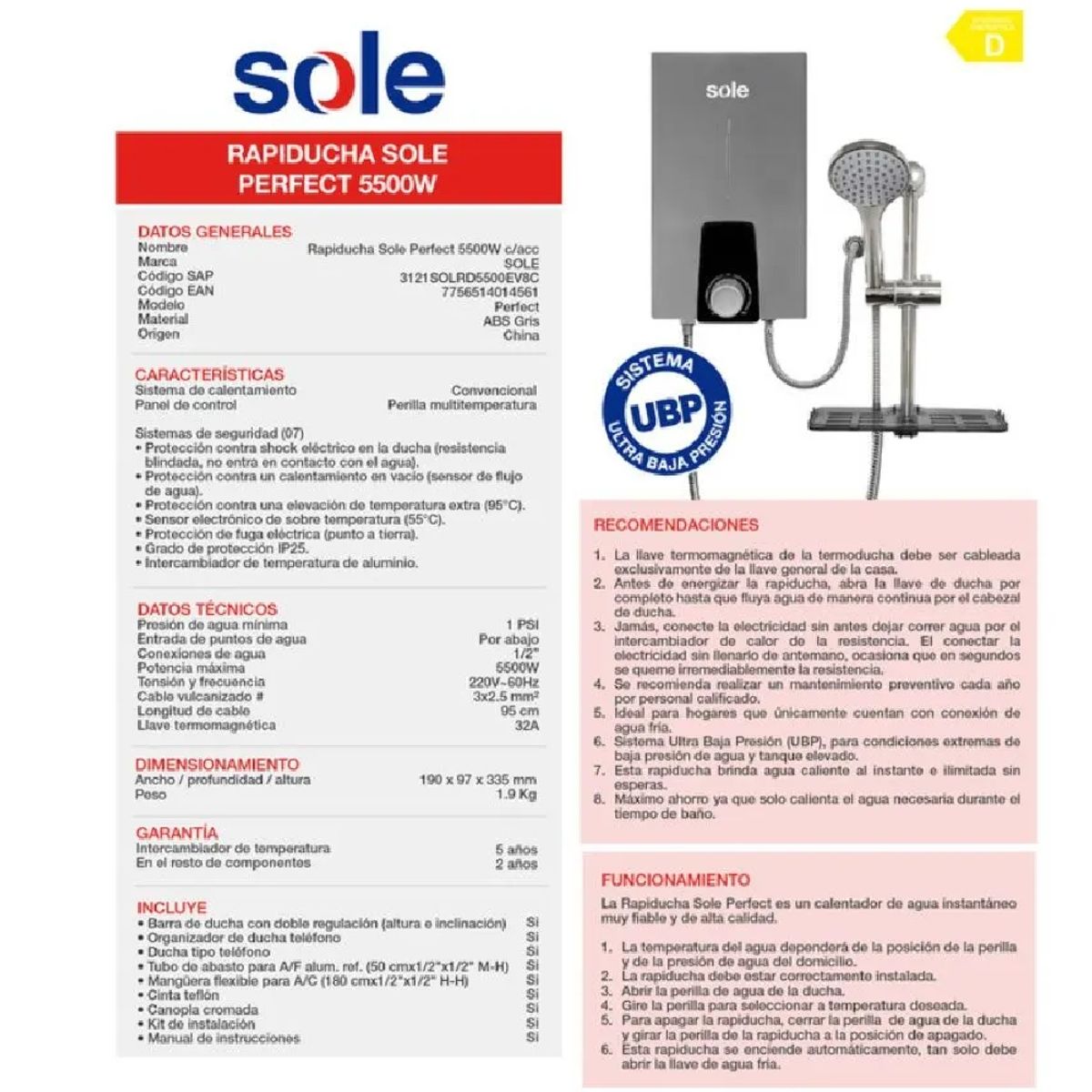 Ducha Eléctrica Sole Perfect 5500W Rapiducha Color Gris, marca Sole - Foto 2
