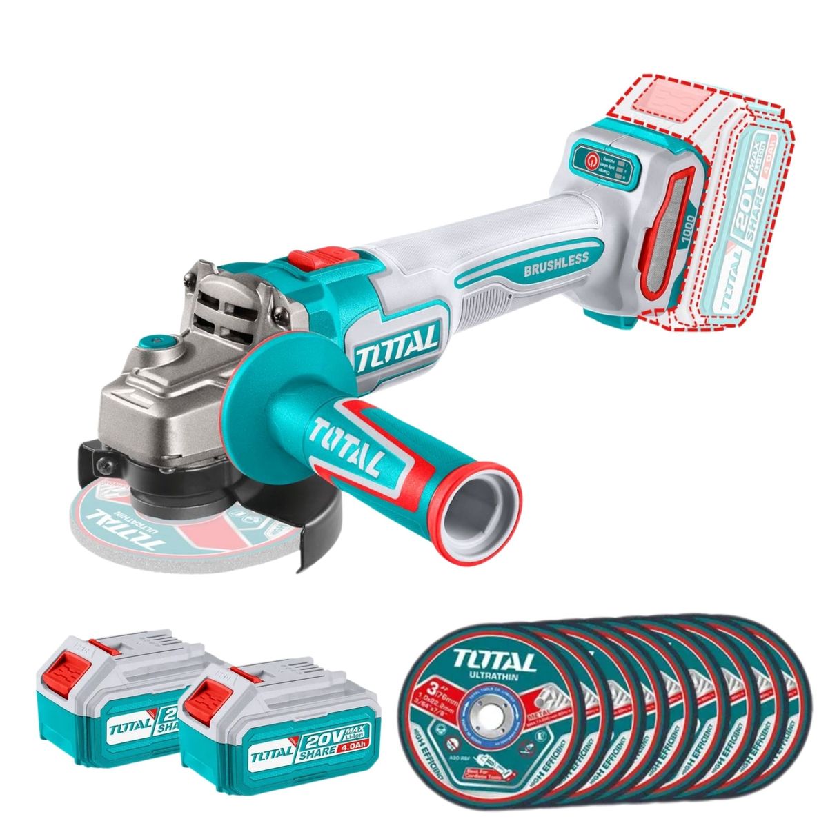 TOTAL TOOLS - AMOLADORA INALÁMBRICO BRUSHLESS 20V, 2 BATERIAS 4A 10 DISCOS 4-1/2"