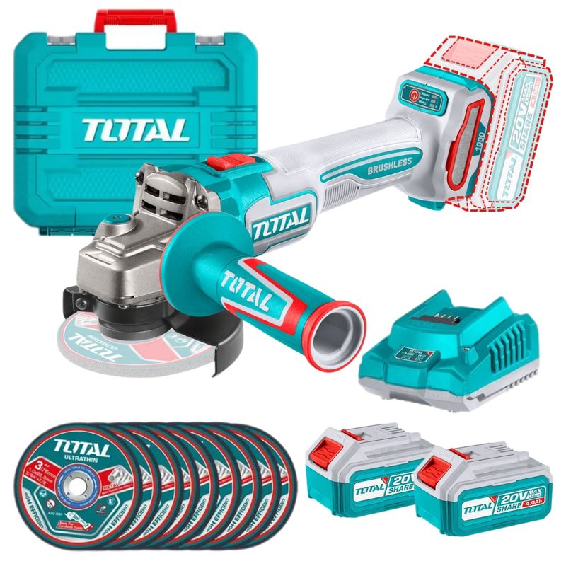 TOTAL TOOLS - AMOLADORA INALÁMBRICO BRUSHLESS 20V, 2 BATERIAS 4A 10 DISCOS 4-1/2"