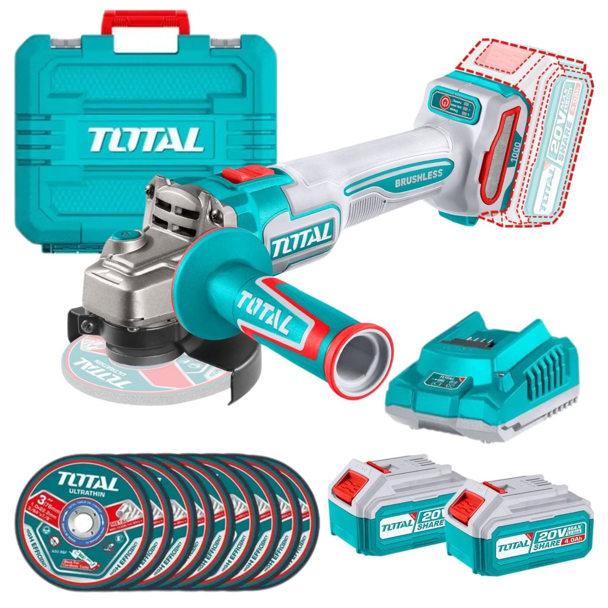 TOTAL TOOLS - AMOLADORA INALÁMBRICO BRUSHLESS 20V, 2 BATERIAS 4A 10 DISCOS 4-1/2"