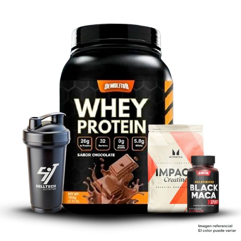 DEMOLITOR - Whey Protein 2.3 lb Chocolate+Creatina Myprotein 250Gr+Maca Negra Sport 120 Caps