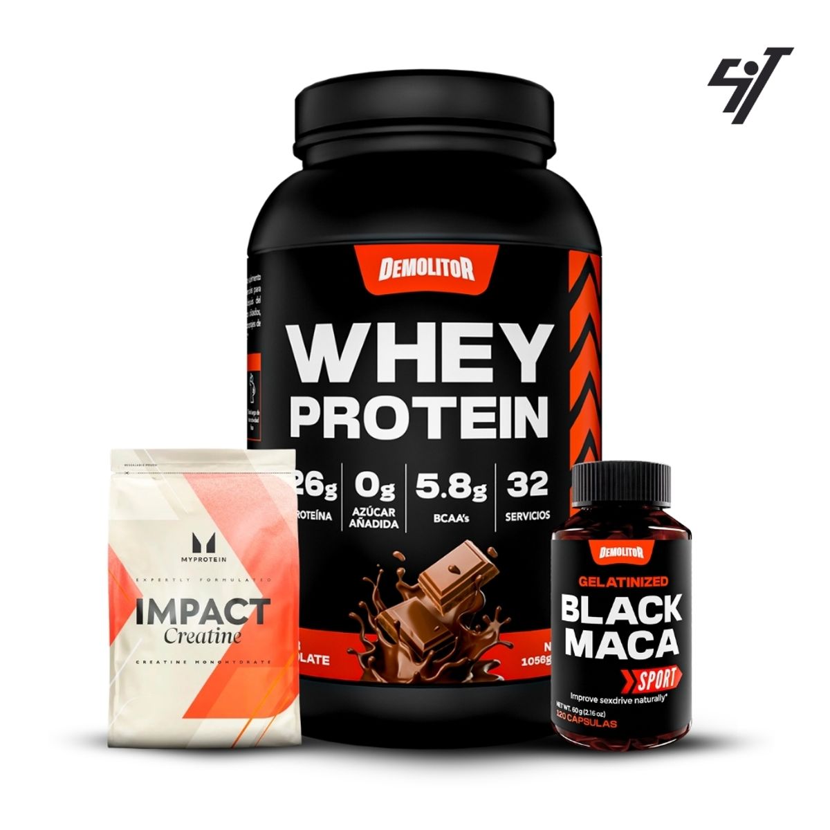 DEMOLITOR - Whey Protein 2.3 lb Chocolate+Creatina Myprotein 250Gr+Maca Negra Sport 120 Caps