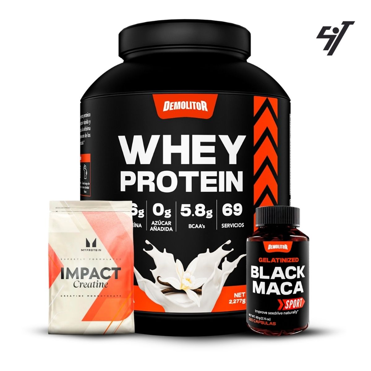 DEMOLITOR - Whey Protein 5Lb Vainilla+Creatina Myprotein 250Gr+Maca Negra Sport 120 Caps