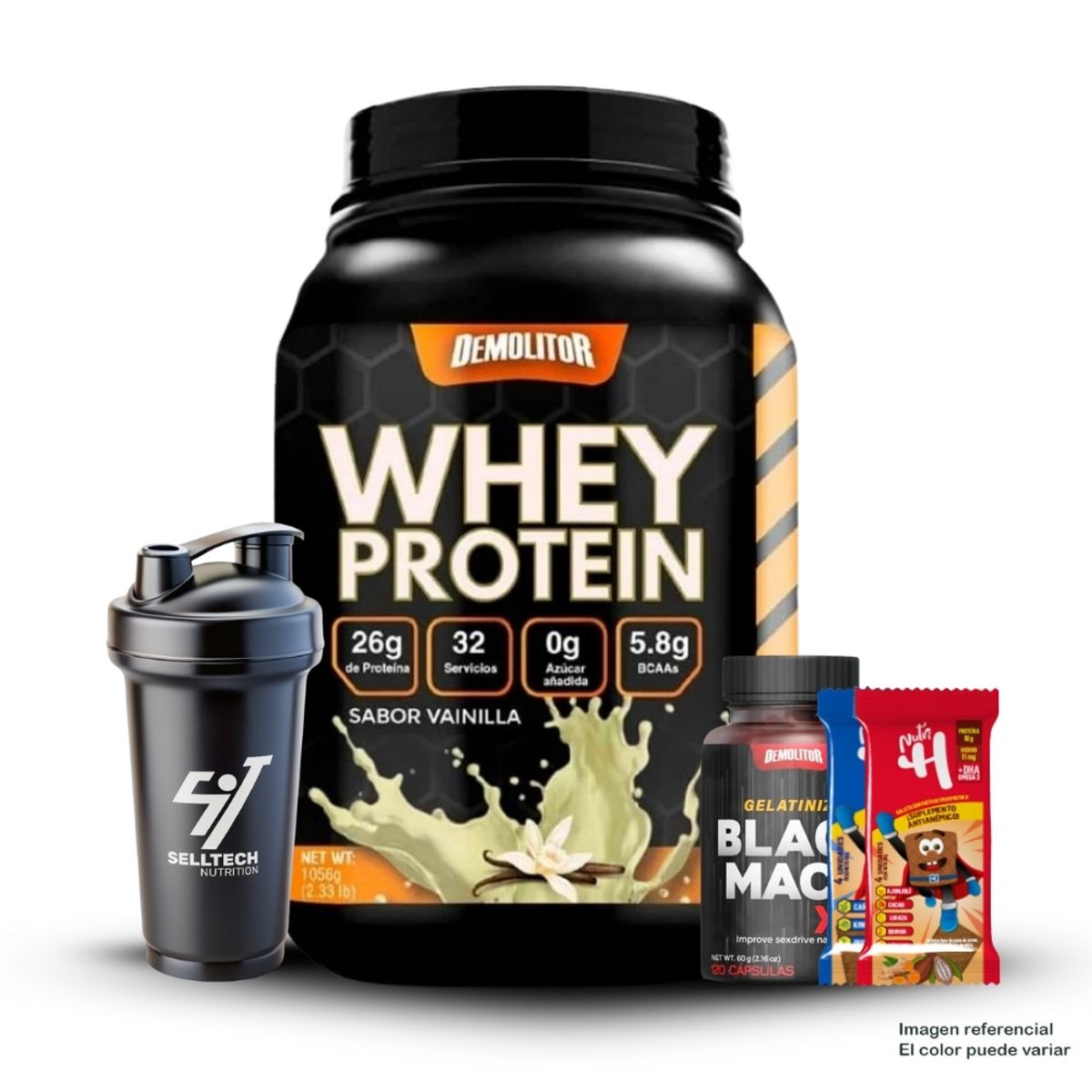DEMOLITOR - Whey Protein 2.3 lb Vainilla+Maca Negra Sport 120 Caps+12 Snacks Proteícos