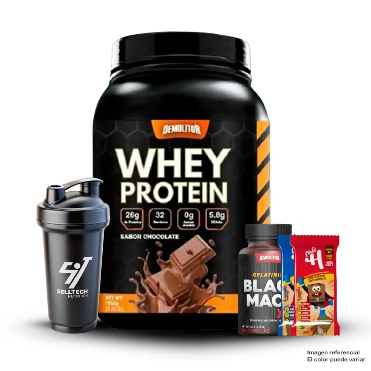 DEMOLITOR - Whey Protein 2.3 lb Chocolate+Maca Negra Sport 120 Caps+12 Snacks Proteícos