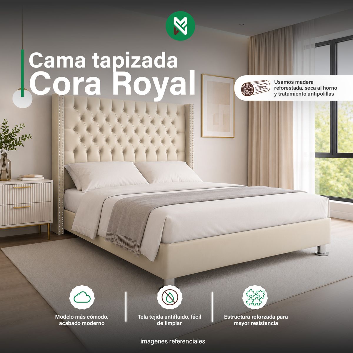 MUEBLES MACRUMO - Cama tapizada Cora Royal 2plz - Color Beige Claro