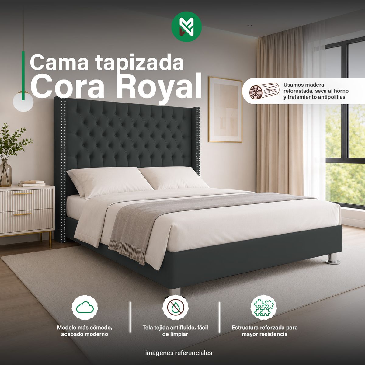MUEBLES MACRUMO - Cama tapizada Cora Royal King 2 tarimas - Color Gris oscuro