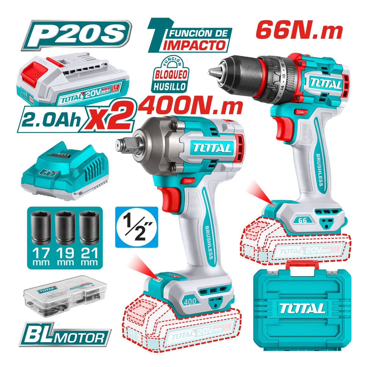 TOTAL TOOLS - Taladro percutor 66nm + Llave de impacto 400nm industrial Total