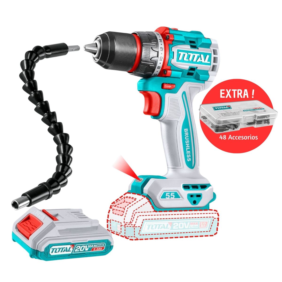 TOTAL TOOLS - Taladro 55Nm Inalámbrico 20V atornillador destornillador BRUSHLESS Total