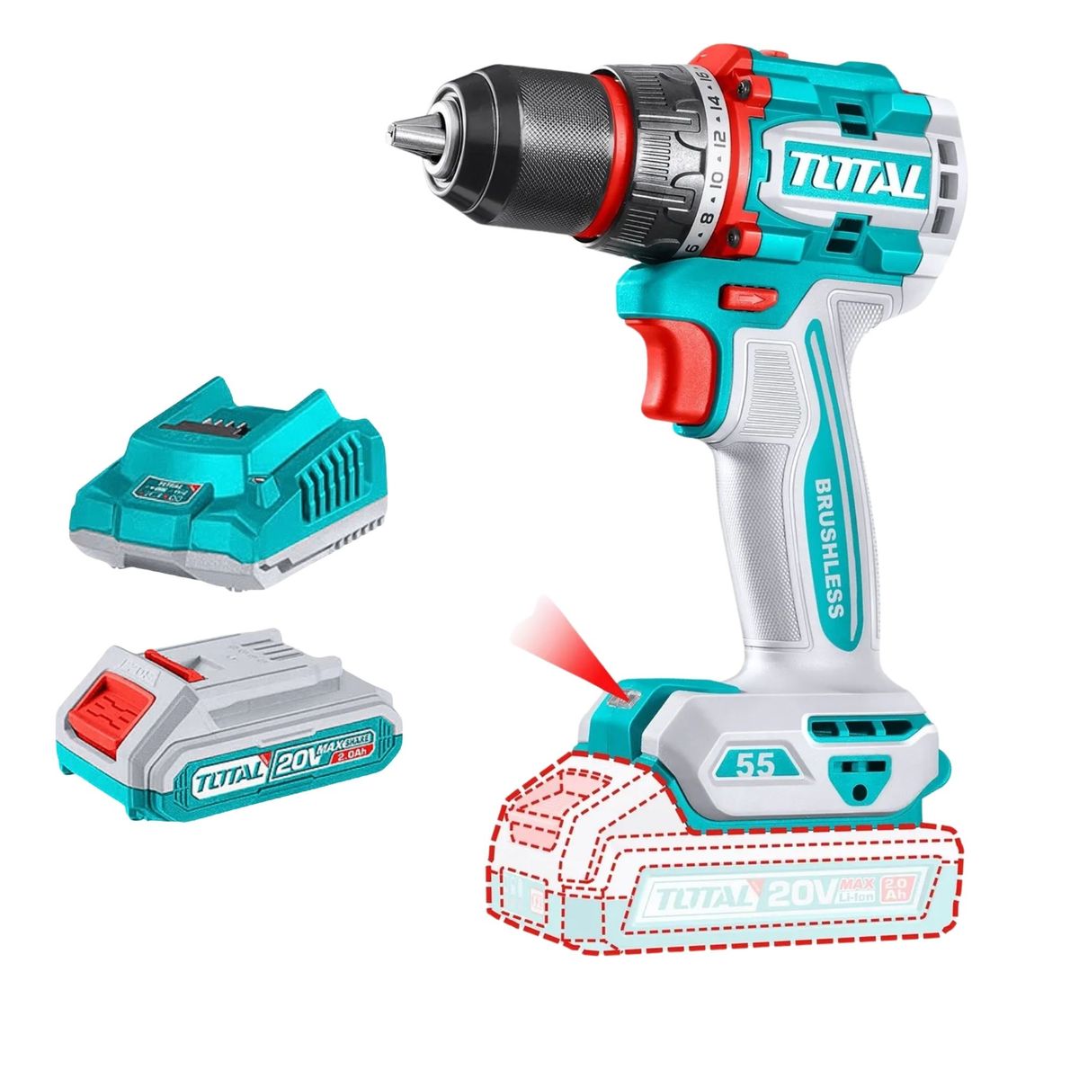 TOTAL TOOLS - Taladro 55Nm Inalámbrico 20V atornillador destornillador BRUSHLESS Total