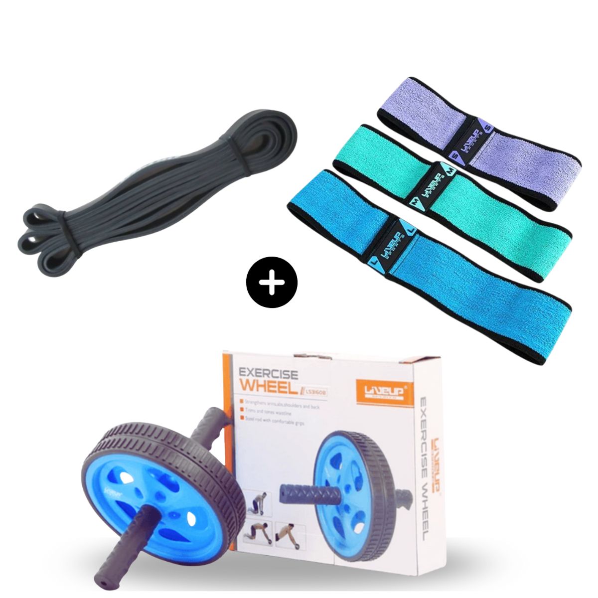 LIVE UP - Combo RUEDA ABDOMINALES + BANDA RESISTENCIA+SET 3 BANDAS DE TELA