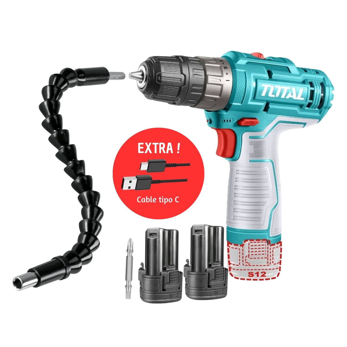 TOTAL TOOLS - Taladro Atornillador 12V extensión magnética extra cable Tipo C