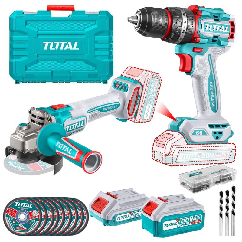 TOTAL TOOLS - COMBO TALADRO PERCUTOR 66Nm AMOLADORA BRUSHLESS 20V INDUSTRIAL TOTAL