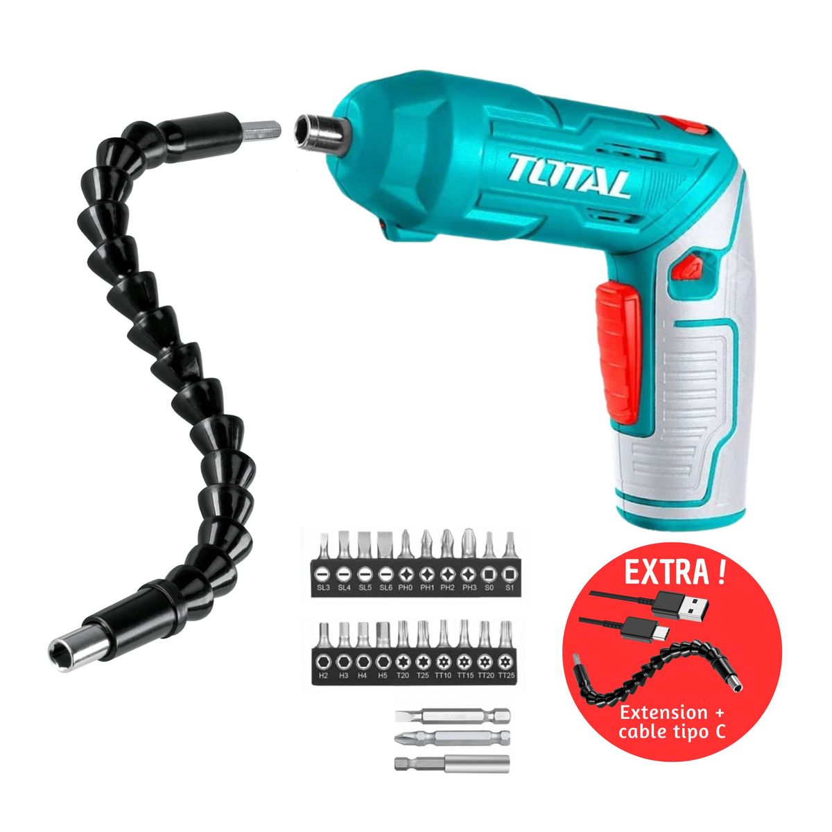 TOTAL TOOLS - Destornillador inalámbrico 4V atornillador adaptador magnético + accesorios