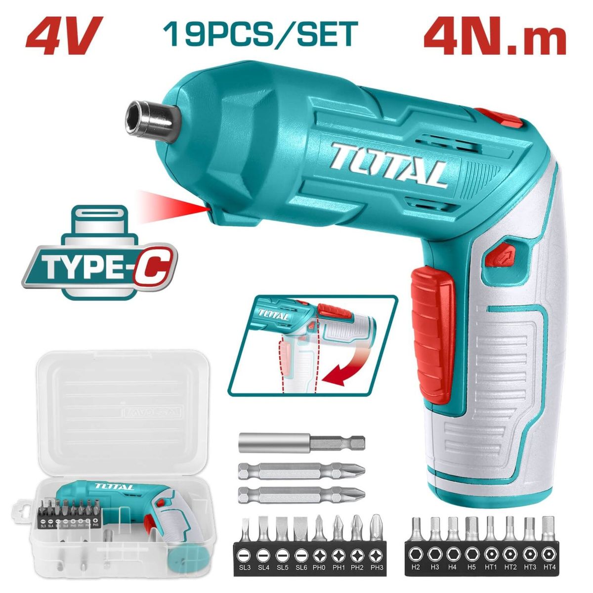 TOTAL TOOLS - Destornillador inalámbrico 4V atornillador adaptador magnético + accesorios